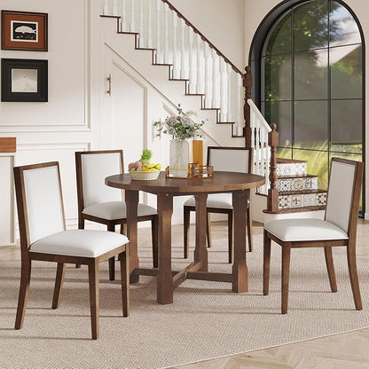 Merax 5-Piece Extendable Dining Table and 4 Upholstered Chairs, Round Oval Dining Table Set for 4, Wood MDF Kitchen Table Set with Removable Leaf for Dining Room, 42" to 58" (Brown)