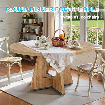 47" Round Dining Table for 4-6, Modern Dinner Table Farmhouse Round Small Kitchen Tables with Wooden Cross Base for Dining Room, Kitchen, Living Room, Retro Brown