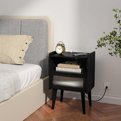 Nightstand with Charging Station, Bedside Tables with Glass Decorative Door, Black Wood Grain End Table, Side Table with 2 Tiers Storage Space for Bedroom Living Room CAMLBZ07XE