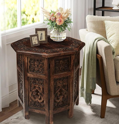 The Wooden Town End Tables for Living Room– Hand Carved Vintage Boho Folding Side Tables for Small Spaces, Entryway, Living Room, Bedroom – No Tools Assembly, 18"x18" Octagon, Scorch Burnt Finish