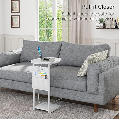 Vagusicc C Shaped End Table with Charging Station, Small Side Table for Couch, TV Tray Slide Under Sofa Table for Living Room and Bedroom, C Table Round Couch Side Table, White