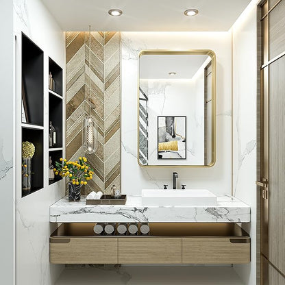 TokeShimi Gold Bathroom Mirror for Wall 24 x 36 Inch Metal Rounded Corner Rectangle Mirror Wall Mirror Metal Frame Deep Set Design Hangs Horizontal Or Vertical Rustic Mirror