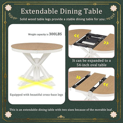 SogesPower 5-Piece Round Farmhouse Retro Dining Table Set for 4, Space-Saving Kitchen Table Set with Extendable Table and 4 Upholstered Chairs for Dining Room Living Room,Oak Natural Wood