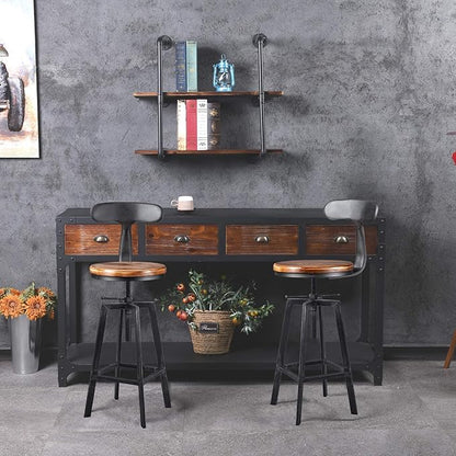 Diwhy Industrial Bar Stools,Kitchen Dining Chair,Wood Top Stool,Adjustable Height Swivel Counter Height Bar Chair with Metal Backrest,Black,Fully Welded Set of 2 (Brown Wooden Top with Iron Backrest)