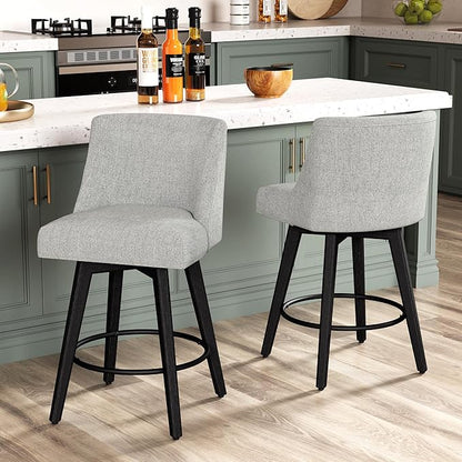 Counter Height Bar Stools Set of 8, Modern Swivel Barstools with Back and Wood Legs, Linen Fabric Upholstered Bar Chairs, 26" H Kitchen Counter Stools, Kitchen Island Home Bar, Light Grey