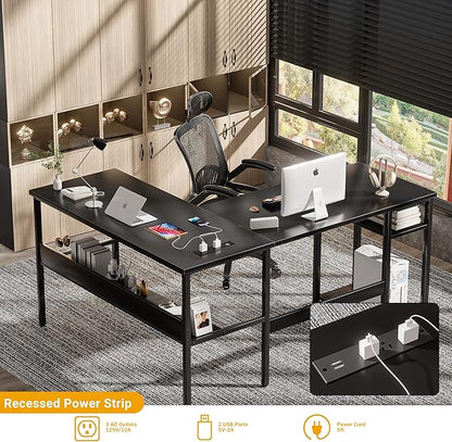 Unikito Reversible L Shaped Desk with Magic Power Outlets and USB Charging Ports, Sturdy Corner Computer Desk with Storage Shelves, Gaming Table Home Office Desk, Easy to Assemble, Black