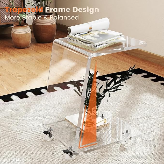 2-Pack Clear Acrylic C Shaped Side Table with Wheels, Modern End Tables for Sofa, Couch, and Bed – 15mm Thick Durable Acrylic Small Snack Laptop Tables for Living Room & Bedroom