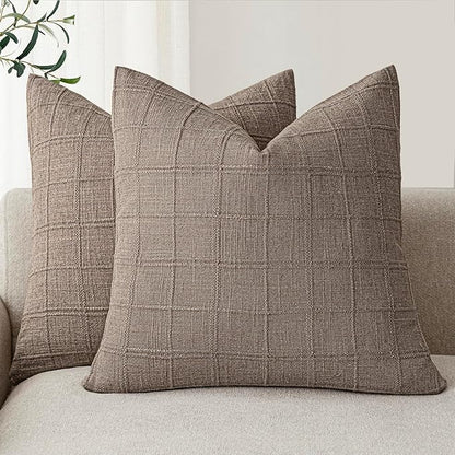Foindtower Set of 2 Decorative Linen Check Throw Pillow Covers Neutral Farmhouse Vintage Cushion Covers Modern Boho Home Decor for Sofa Chair Couch Bedroom Living Room Outdoor,18×18 Inch,Tan Taupe