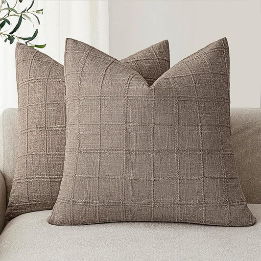 Foindtower Set of 2 Decorative Linen Check Throw Pillow Covers Neutral Farmhouse Vintage Cushion Covers Modern Boho Home Decor for Sofa Chair Couch Bedroom Living Room Outdoor,18×18 Inch,Tan Taupe
