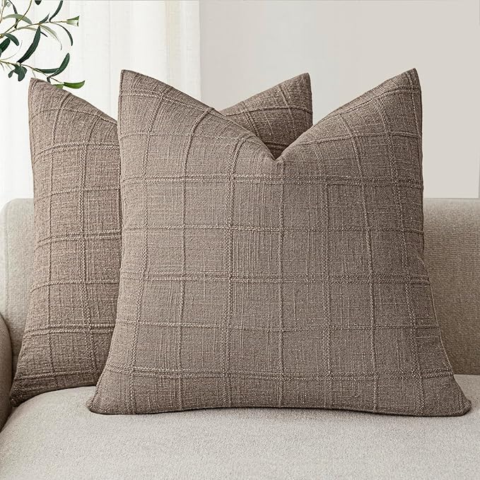 Foindtower Set of 2 Decorative Linen Check Throw Pillow Covers Neutral Farmhouse Vintage Cushion Covers Modern Boho Home Decor for Sofa Chair Couch Bedroom Living Room Outdoor,20×20 Inch,Tan Taupe