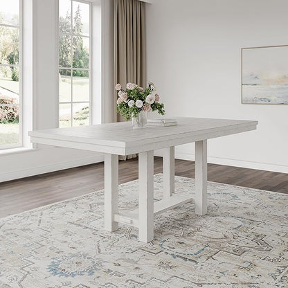 Signature Design by Ashley Robbinsdale Farmhouse Distressed Counter Height Dining Extension Table with Trestle Base, Planked Effect and 2 Removable End Leaves, White