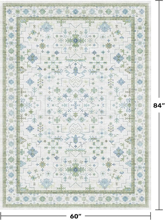 Oushak Area Rug for Bedroom 5x7 - Blue and Green Vintage Boho Floral Geometric, Washable Low Pile Non Slip Area Rugs for Nursery Room, Foyer, Cozy Aesthetic Room Decor
