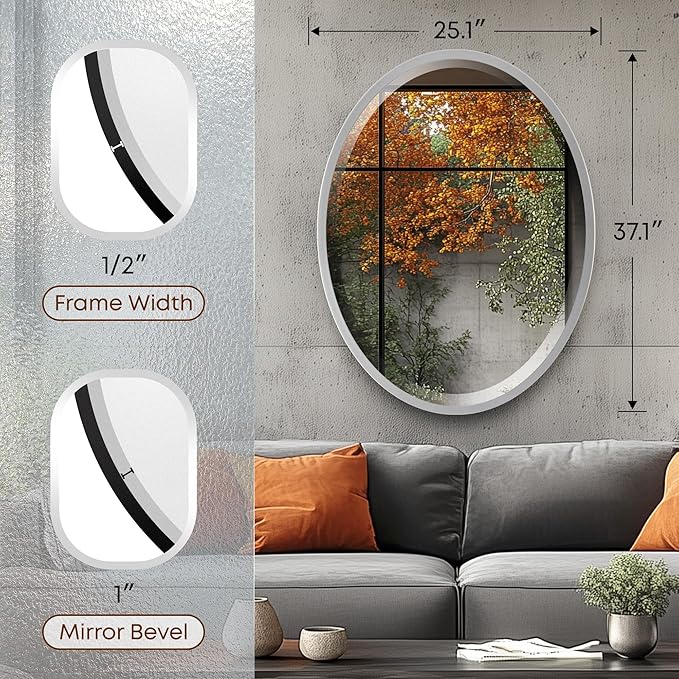 OVALCREST - Oval Wooden Beveled Wall Mirror for Home Decor, Bathroom, Vanity, Bedroom, Living Room, Hallway - London Style (Silver Spray) 25.1 x 31.1