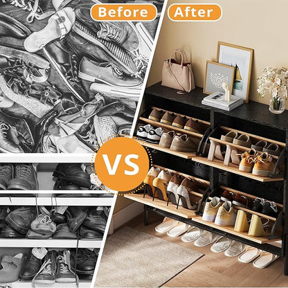 IRONCK Rattan Shoe Cabinet Storage with 4 Flip Drawers, Freestanding Shoe Storage Organizer Cabinet for Entryway, Narrow Shoe Rack Cabinet, Black