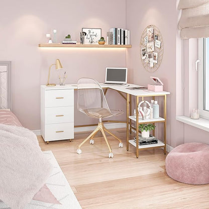 Techni Mobili L Shaped Desk - Two-Toned Computer Desk with Drawers & Storage Shelves - Simple Modern Furniture & Home Office Space Corner Table for Work & Writing