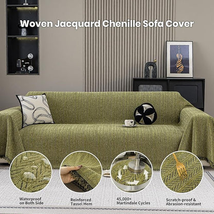 Nobildonna Sofa Cover Washable Soft Thicken Chenille Couch Cover with Tassel,Waterproof Sofa Slipcover for 3-4 Cushion Couch,Sectional Sofa,L-Shaped Furniture Protector Pet-Friendly,Green 91"x134"