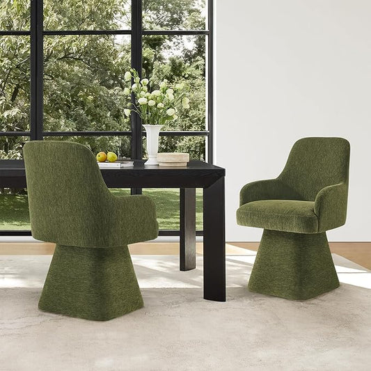 Swivel Dining Chair Set of 1, Mid Century Modern Chair Fabric Upholstered Armchair with Armrest & Ergonomic Backrest for Dining Room, Kitchen, Bedroom, Living Room, Green