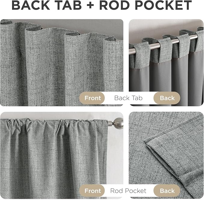 Joydeco 100% Blackout Curtains for Bedroom - Natural Linen Curtains 37" W x 108" L Long, Thermal Insulated 2 Panels Light Grey. Room Darkening Light Blocking Drapes for Living Room