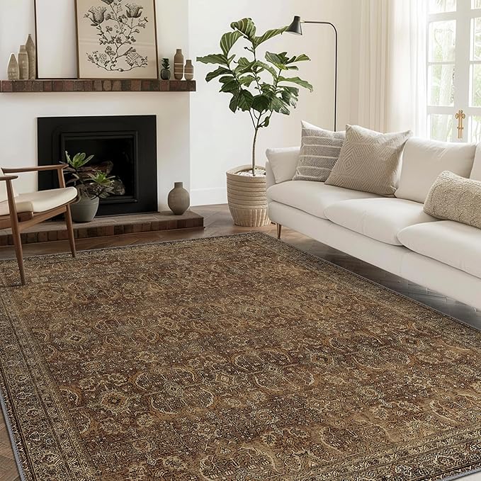 10X12 Area Rugs Machine Washable Rugs for Living Room, Vintage Boho Large Rugs for Bedroom Dining Room, Non Slip Indoor Soft Distressed Lightweight Thin Low Pile Carpet, Rustic Brown