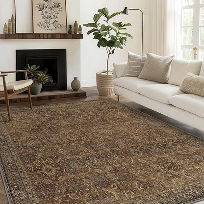 8X10 Area Rugs Machine Washable Rugs for Living Room, Vintage Boho Large Rugs for Bedroom Dining Room, Non Slip Indoor Soft Distressed Lightweight Thin Low Pile Carpet, Rustic Brown