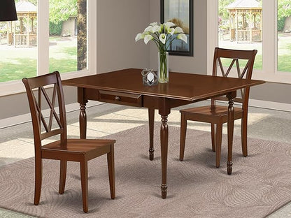 East West Furniture MZCL3-MAH-W 3 Piece Kitchen Table Set for Small Spaces Contains a Rectangle Dining Room Table with Dropleaf and 2 Solid Wood Seat Chairs, 36x54 Inch, Mahogany