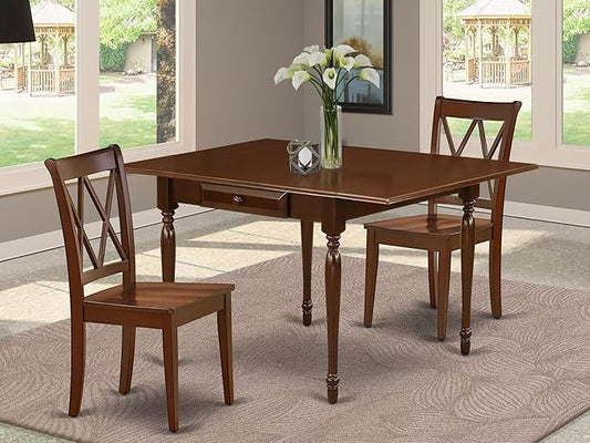 East West Furniture MZCL3-MAH-W 3 Piece Kitchen Table Set for Small Spaces Contains a Rectangle Dining Room Table with Dropleaf and 2 Solid Wood Seat Chairs, 36x54 Inch, Mahogany