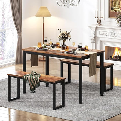 soges 39.4 in Kitchen Table Set with 2 Benches, Dining Table Set for 4, 3 Piece Wooden Industrial Style Dining Room Table and Long Benches, Breakfast Table Coffee Table Set, Retro