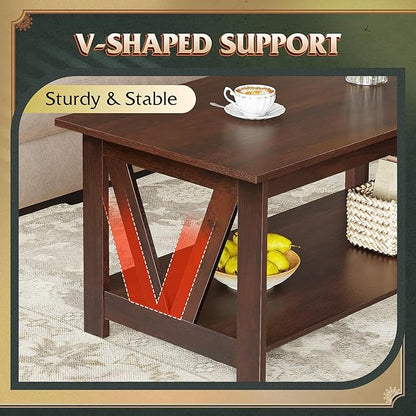 WLIVE Coffee Table with Storage Shelf, 39.4" Farmhouse Coffee Table with V-Frame Support, 2-Tier Wood Rustic Center Table for Living Room, Bedroom & Balcony, Espresso