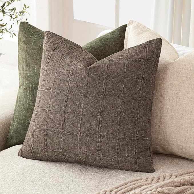 Foindtower Set of 2 Decorative Linen Check Throw Pillow Covers Neutral Farmhouse Vintage Cushion Covers Modern Boho Home Decor for Sofa Chair Couch Bedroom Living Room Outdoor,20×20 Inch,Taupe Grey