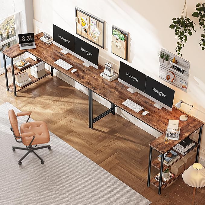 Huuger L Shaped Desk, 63 Inches Computer Desk with Reversible Storage Shelves, for Gaming Corner Home Office Writing Study, Metal Frame, Rustic Brown