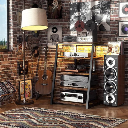 Armocity 5-Tier AV Media Stand with Power Strips, Media Console with LED Lights, Audio Tower Rack with Adjustable Shelves, Stereo Stands and Racks, 40.8'', Rustic Brown