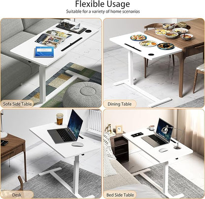 Home Office Desks Height Adjustable with 360° Moveable Hidden Wheels,Multifunctional Pneumatic Laptop Desk Suitable for Sofa、Bedside、Study and Work Use,White