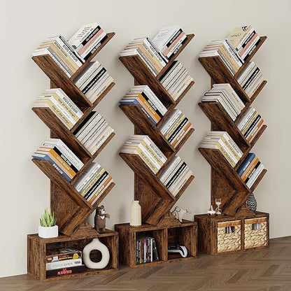 Vagusicc 6 Tier Tree Bookshelf, Small Bookcase with Storage Cabinet, Modern Tall Narrow Bookshelves Organizer, Floor Standing Book Shelf for Bedroom/Living Room/Home Office/Corner, Rustic Brown