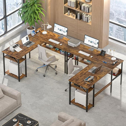 Reversible L Shaped Computer Desk with Power Outlets and USB Charging Ports, Sturdy Corner Desks with Storage Shelf, Modern Work Gaming Table for Home Office, Easy to Assemble, Rustic Brown