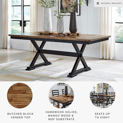 Signature Design by Ashley Wildenauer Farmhouse Dining Extension Table with Self-Storing Butterfly Leaf for 6-8 People, Black & Dark Brown