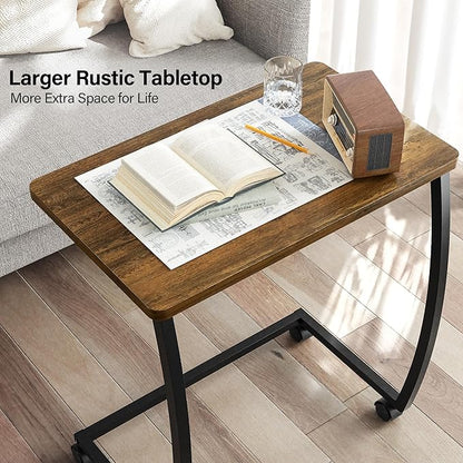 SRIWATANA Side Table, C-Shaped End Table with Rolling Wheels,Rustic Sofa Couch Table for Laptop Coffee Snack, Dark Walnut