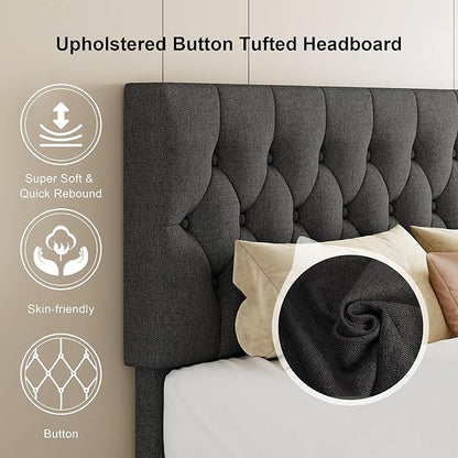 Feonase Full Size Platform Bed Frame with Button Tufted Headboard, Upholstered Linen Bed with Wooden Slats Support, No Box Spring Needed, Easy Assembly, Noise-Free, Dark Grey