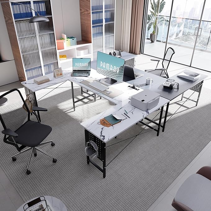 Pamray 71 Inch Large Computer Desk with Power Outlets,U Shaped Corner Desk for Home Office Work and Gaming Marble