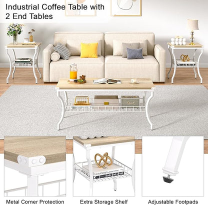 VECELO 3 Pieces Living Room Table Sets, Coffee and End Tables with Open Storage Shelves for Apartment, Home Office, Small Space, Easy Assembly, White Oak