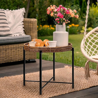 Brown Small Round End Table, 19in Rattan End Tables, Wicker Rattan Side Table, Round Sofa Side Table, Indoor Outdoor Side Tables for Patio, Living Room Bedroom Office
