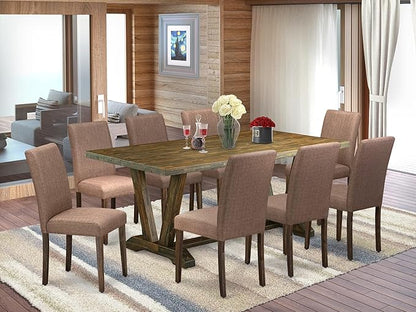 East West Furniture V777AB747-9 9 Piece Dining Room Table Set Includes a Rectangle Kitchen Table with V-Legs and 8 Light Sable Linen Fabric Parsons Dining Chairs, 40x72 Inch, Multi-Color