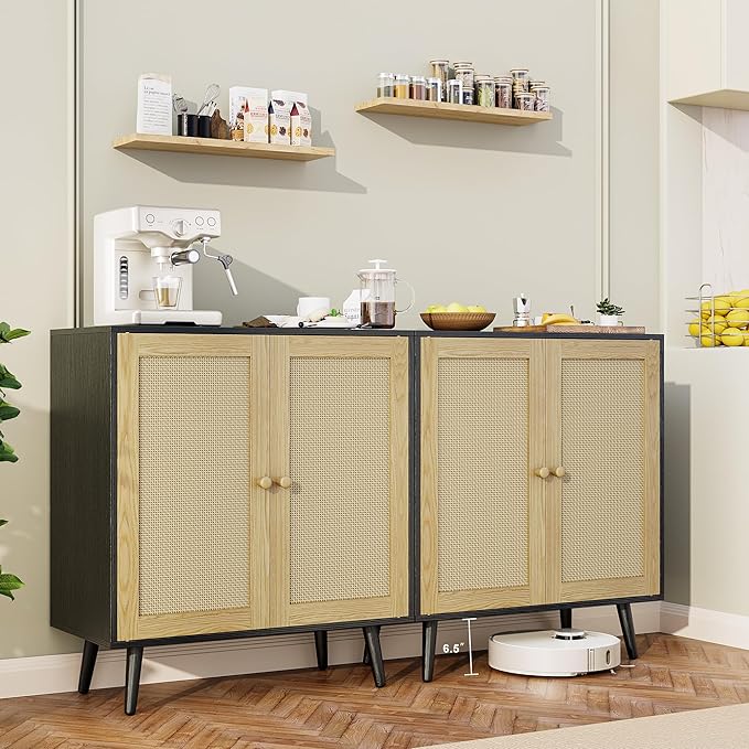 Rattan Sideboard Buffet, Accent Cabinet Cupboard Console Small Cabinet with Doors and Adjustable Shelve for Kitchen & Entryway Storage, Black