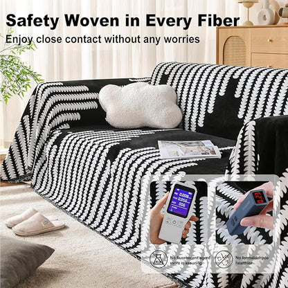 Boho Sofa Cover, Couch Covers for 3 Cushion Couch Sofa Pet Friendly, Sofa Cover Washable, Soft Chenille Living Room Couch Covers Slipcover, Pet Furniture Protecto (2# Black, 71" x 150")