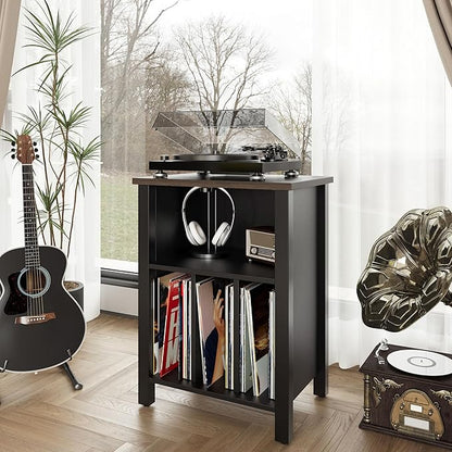 LIDYUK Record Player Stand, Vinyl Record Storage Table End Table with Display Shelf Holds up to 130 Albums, Large Nightstand Wood Turntable Stand Cabinet Side Table for Living Room, Bedroom, Black
