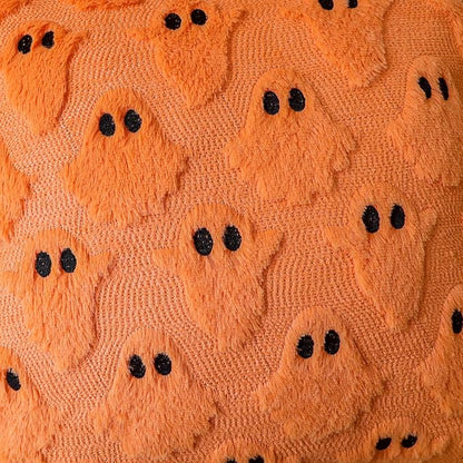4TH Emotion Halloween Ghost Decorative Pillow Covers 16x16 Set of 2, Orange Soft Plush Faux Fur Farmhouse Throw Cushion Cases for Fall Autumn Holiday Home Decorations