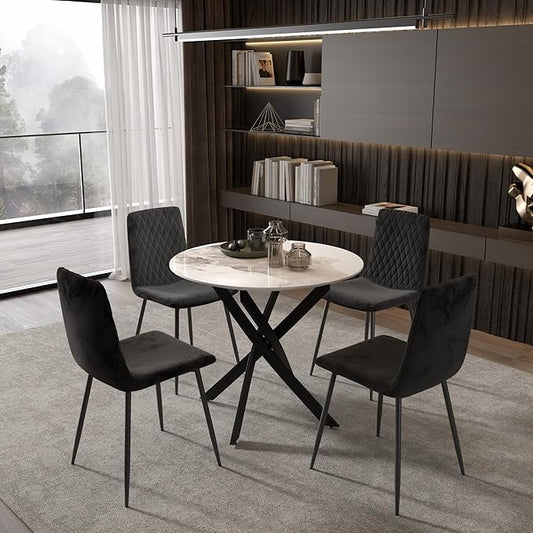 Marble Round Dining Table for 2-4 with Metal Legs, 31.5 Inch Sintered Stone Modern Small Kitchen Table for Dining Room Kitchen Apt (White)
