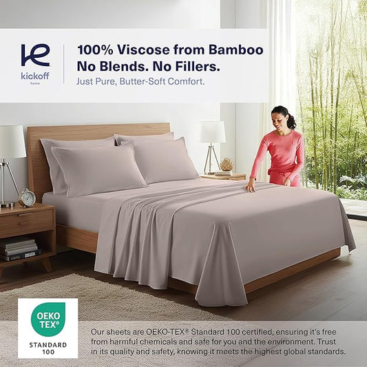 Kickoff Viscose Bamboo Sheets King Size 4-pc 100% Organic Bamboo Viscose Bed Cooling Sheets King Size Set Cool Bedding for hot Sleepers Sheet, Flat, Fitted, Pillowcases (Grey Mist,K)
