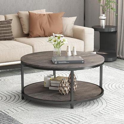 NSdirect Round Coffee Table,36" Coffee Table for Living Room,2-Tier Rustic Wood Desktop with Storage Shelf Modern Design Home Furniture(Light Walnut)