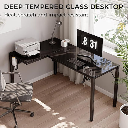 EUREKA ERGONOMIC RGB LED Lights 60 Inch L Shaped Reversible Black Glass Gaming Desk Home Office Computer Table GTG L60