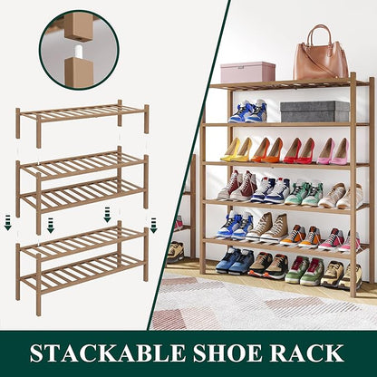 Smiry Shoe Rack, 3 Tier Thick Bamboo Shoe Organizer, Stackable Free Standing Wooden Shoe Storage Shelf for Closet, Entryway, Front Door Entrance, Walnut